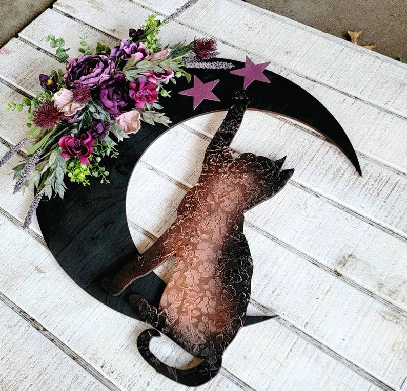 🔥Last Day 49% Off 🔥Cat Wreath With Purple Flowers And Stars - Year Round Garland